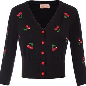 Women's 3/4 Sleeve V-Neck Button Down Cherries Embroidery Cropped Cardigan 1950s